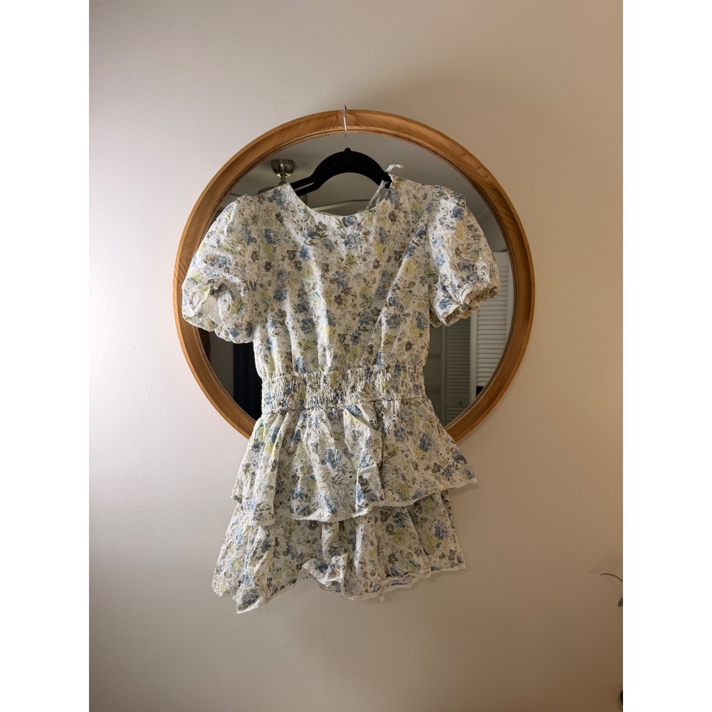 En Saison White Floral Mini Dress with Blue and Yellow Accents